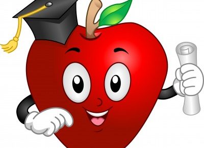 a cartoon apple with a graduation hat and holding a diploma