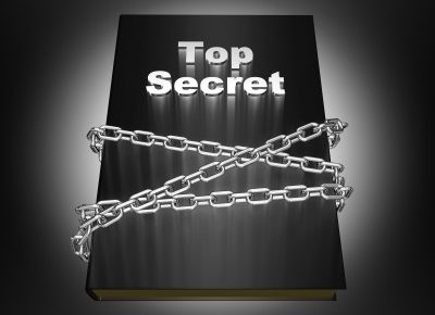 A book titled Top Secret wrapped in steel chains.
