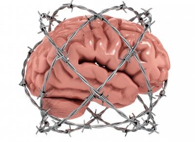 a fake brain inside a wire cage