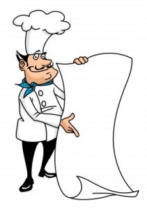 a cartoon chef holding his menu up