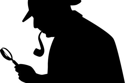 a silouette of Sherlock Holmes smothing his pipe with a magnifying glass.