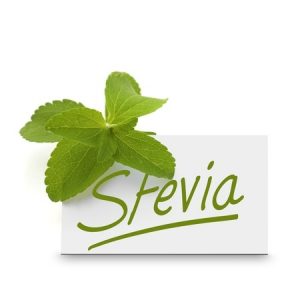 a green and white stevia plaque with a stevia leaf next to it