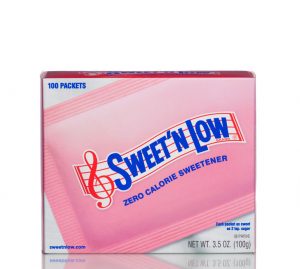 a box of sweet'n low. the popular artificial sweetener is made from granulated saccharin with dextrose and cream of tartar.