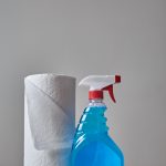 a plastic bottle of windex next to a roll of paper towels