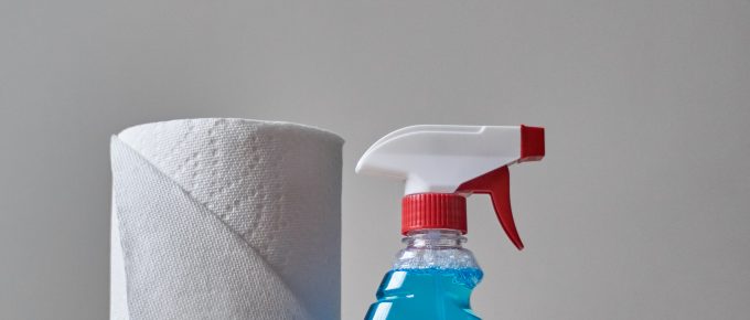 a plastic bottle of windex next to a roll of paper towels